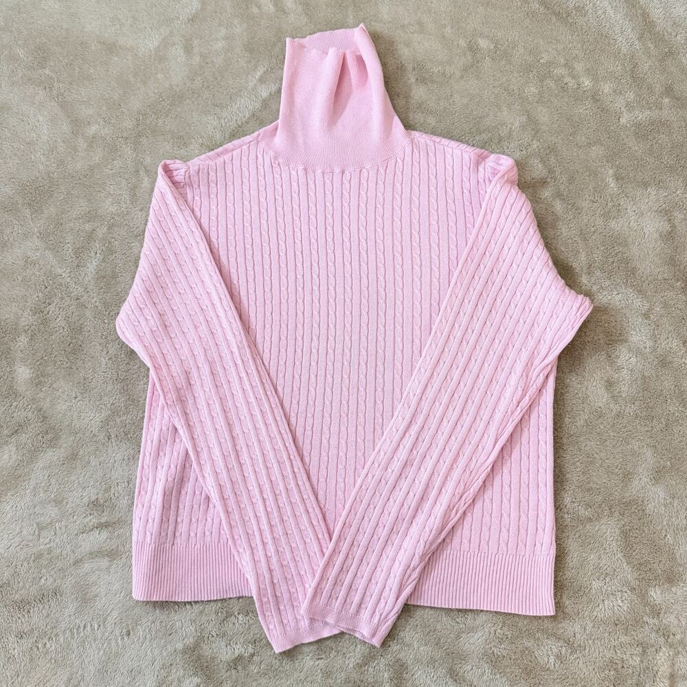 Kathy Ireland Womens Turtleneck Sweater Pink Ribbed Vertical Cable Knit Preppy L